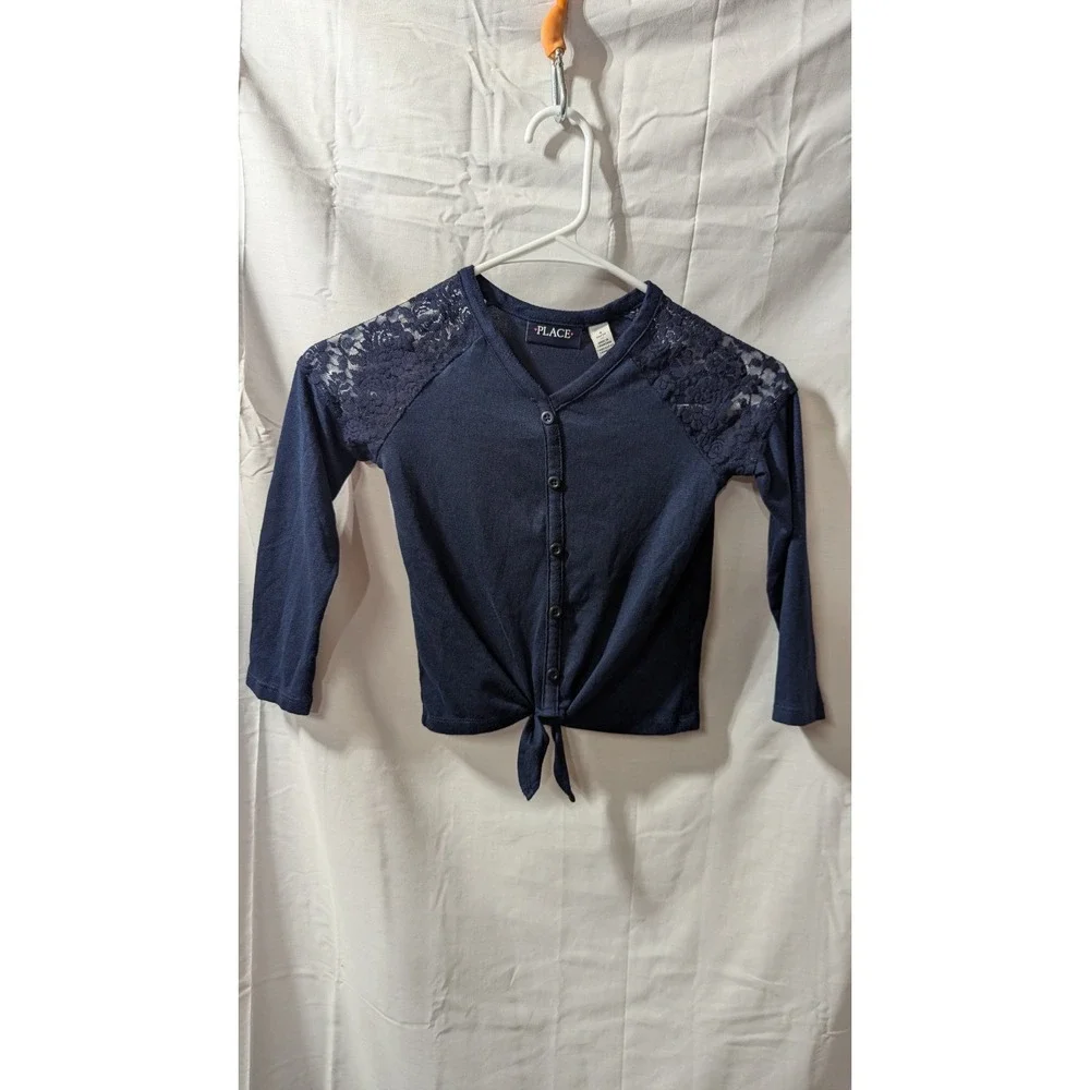 Girls (4), Children's Place Blue Long Sleeve Blouse With Lace Sleeve Accents New